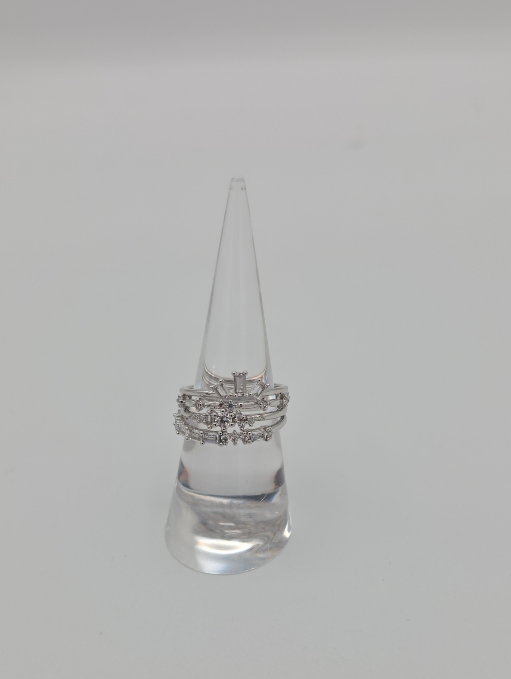 Diamond CZ Stacked Rhodium Ring Set